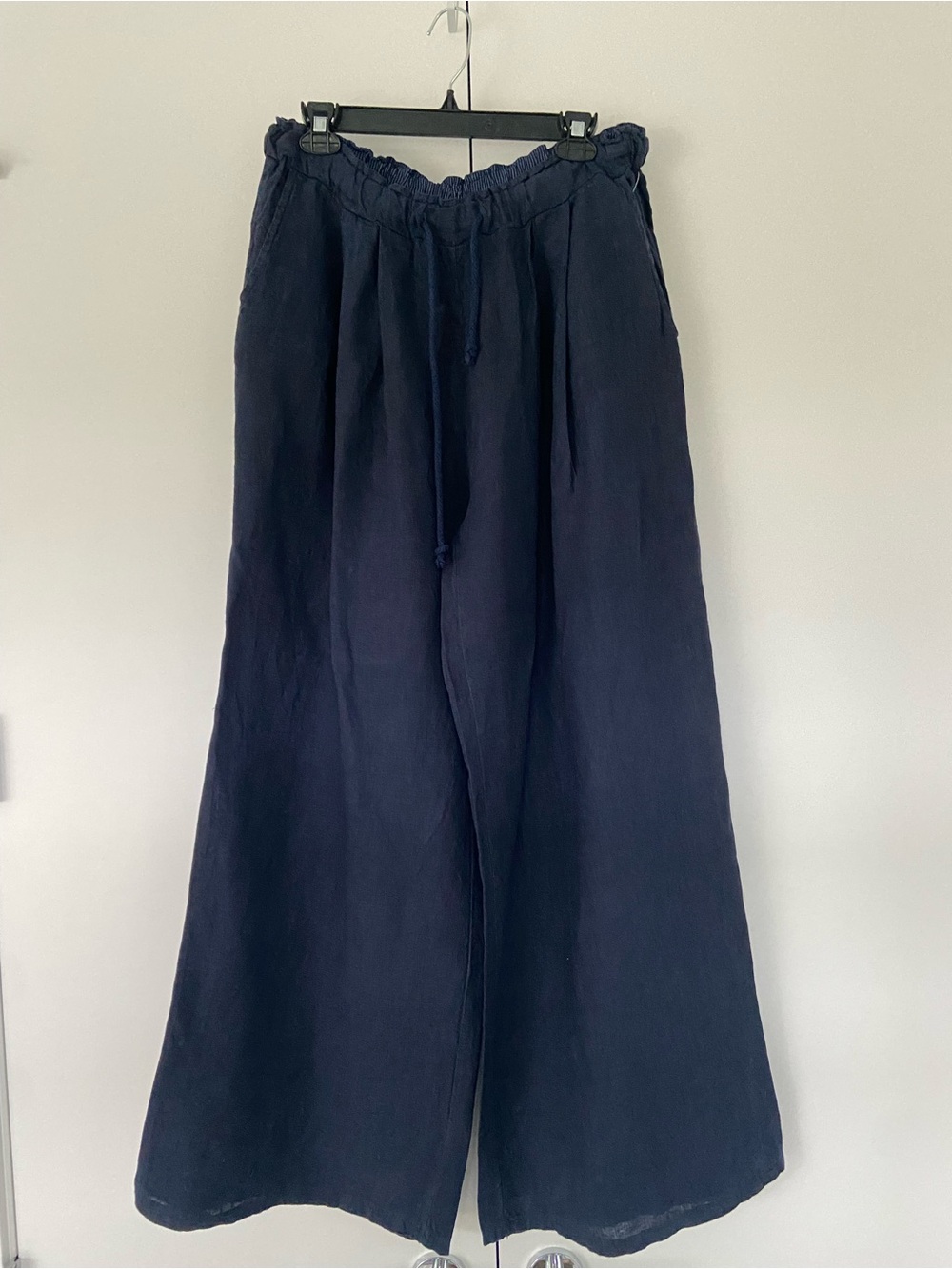 PURO LINO 100% Linen Navy Wide Leg Palazzo Pants XL Made in Italy 31 1/2” Inseam